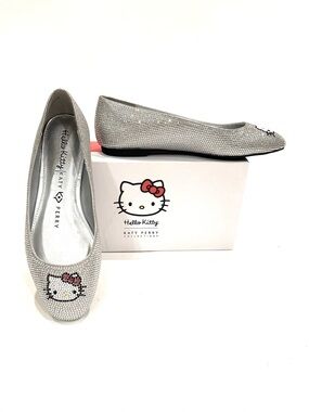 Katy Perry Hello Kitty Silver Rhinestone Ballet Flats Mismatched 9.5 Left, 10 R